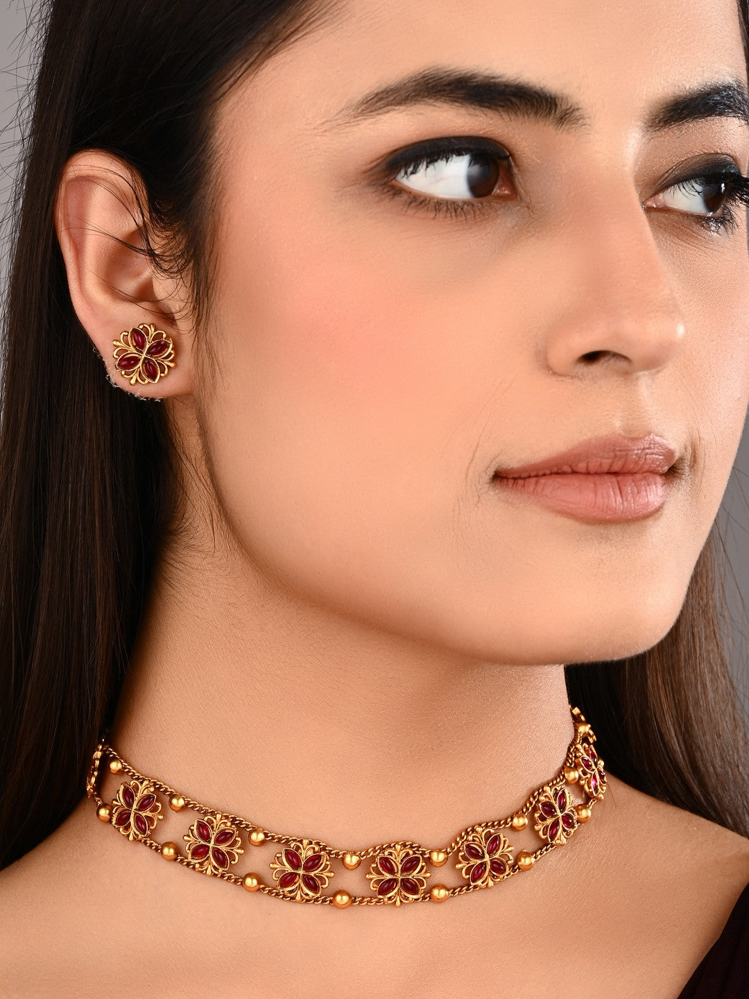 Gold plated floral Necklace set - Red