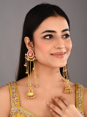 Gold Pink Meenakari Jhumka Drop Earrings