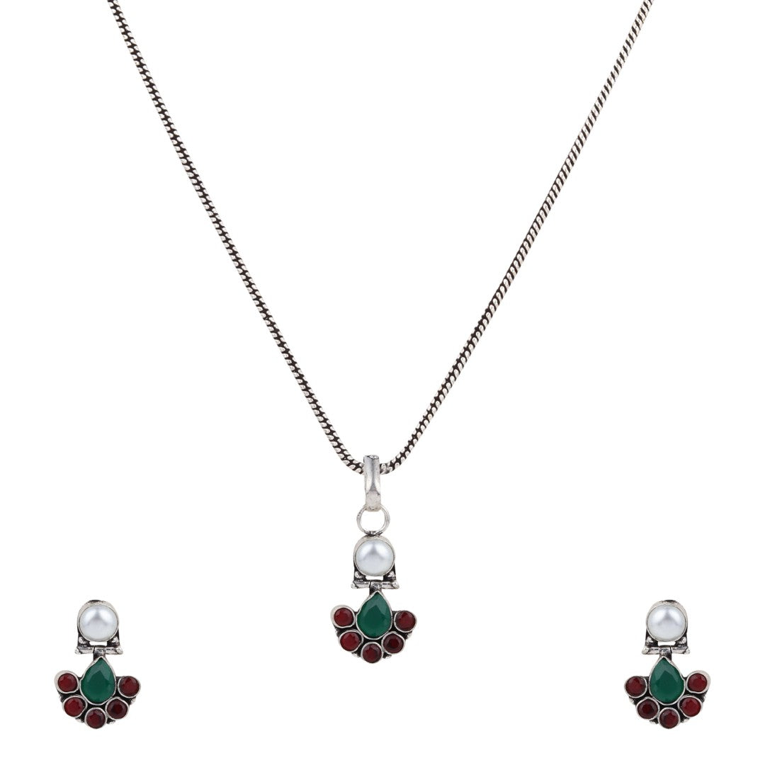 Floral Crystal Pendant Necklace Set with Matching Stud Earrings - Multi