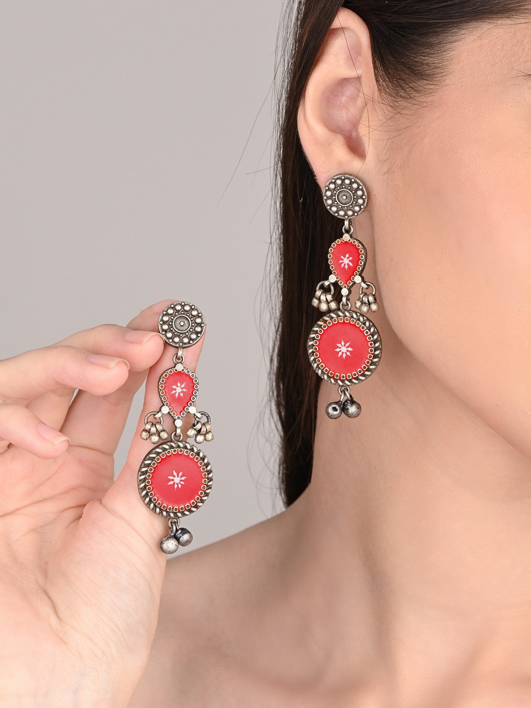 Hand-Painted circular Drop Earrings Red