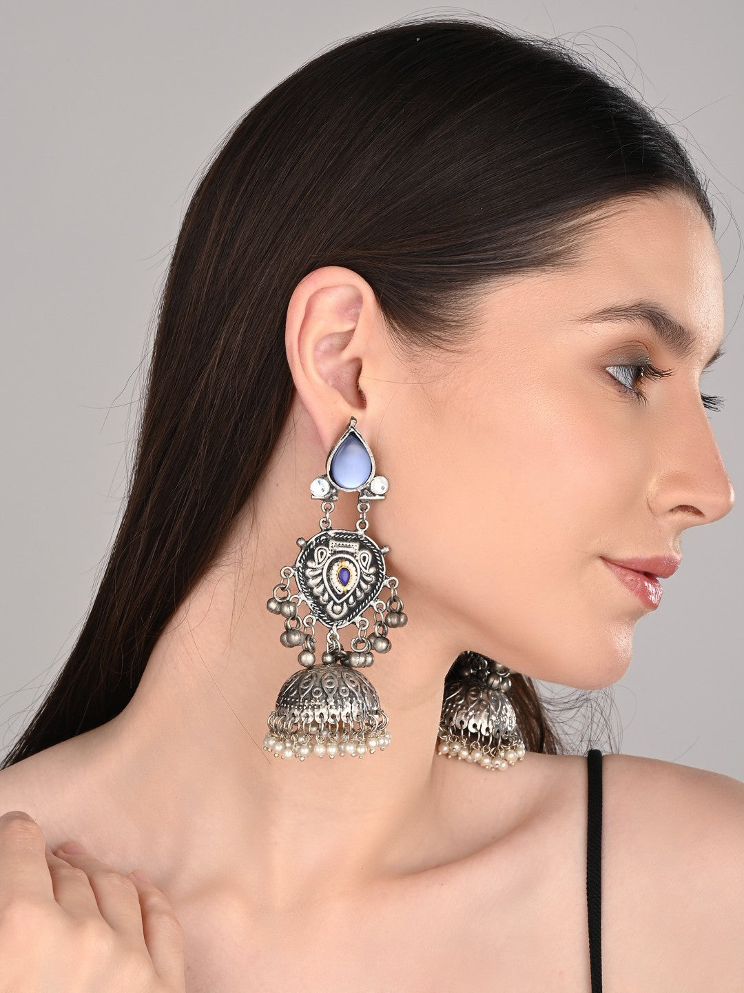 Silver oxydised lightweight long Jhumka Earring - Blue
