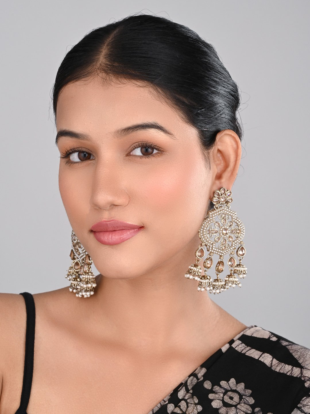 Gold plated Kundan chandbali with small jhumka Hangings