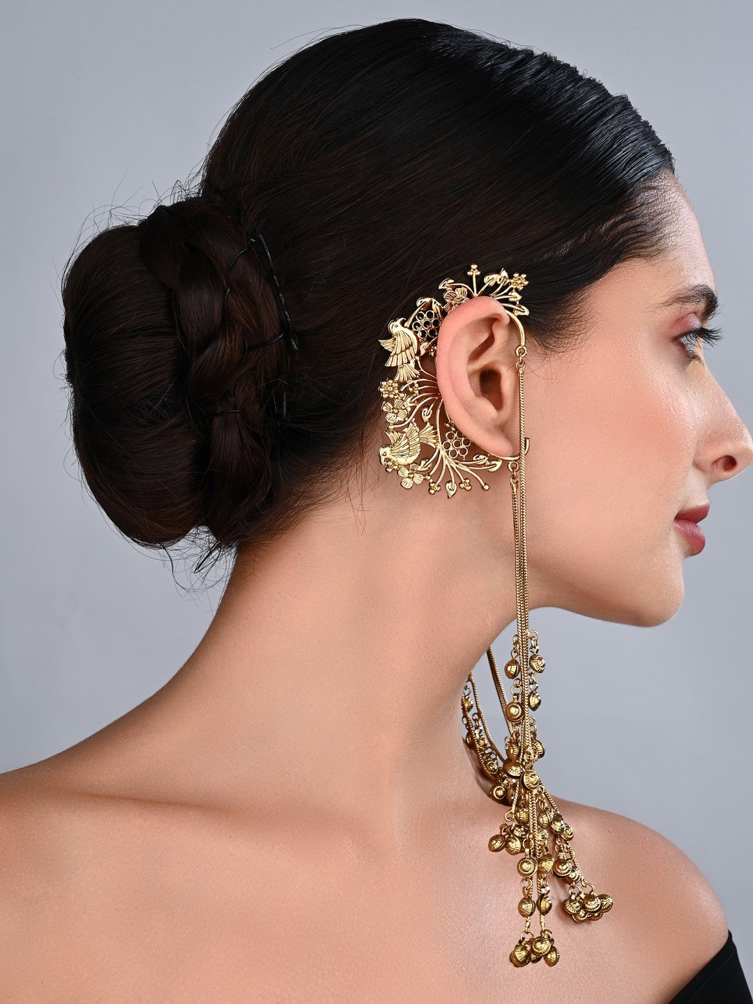 Samaira Gold Floral Ear Cuff Chain Earrings