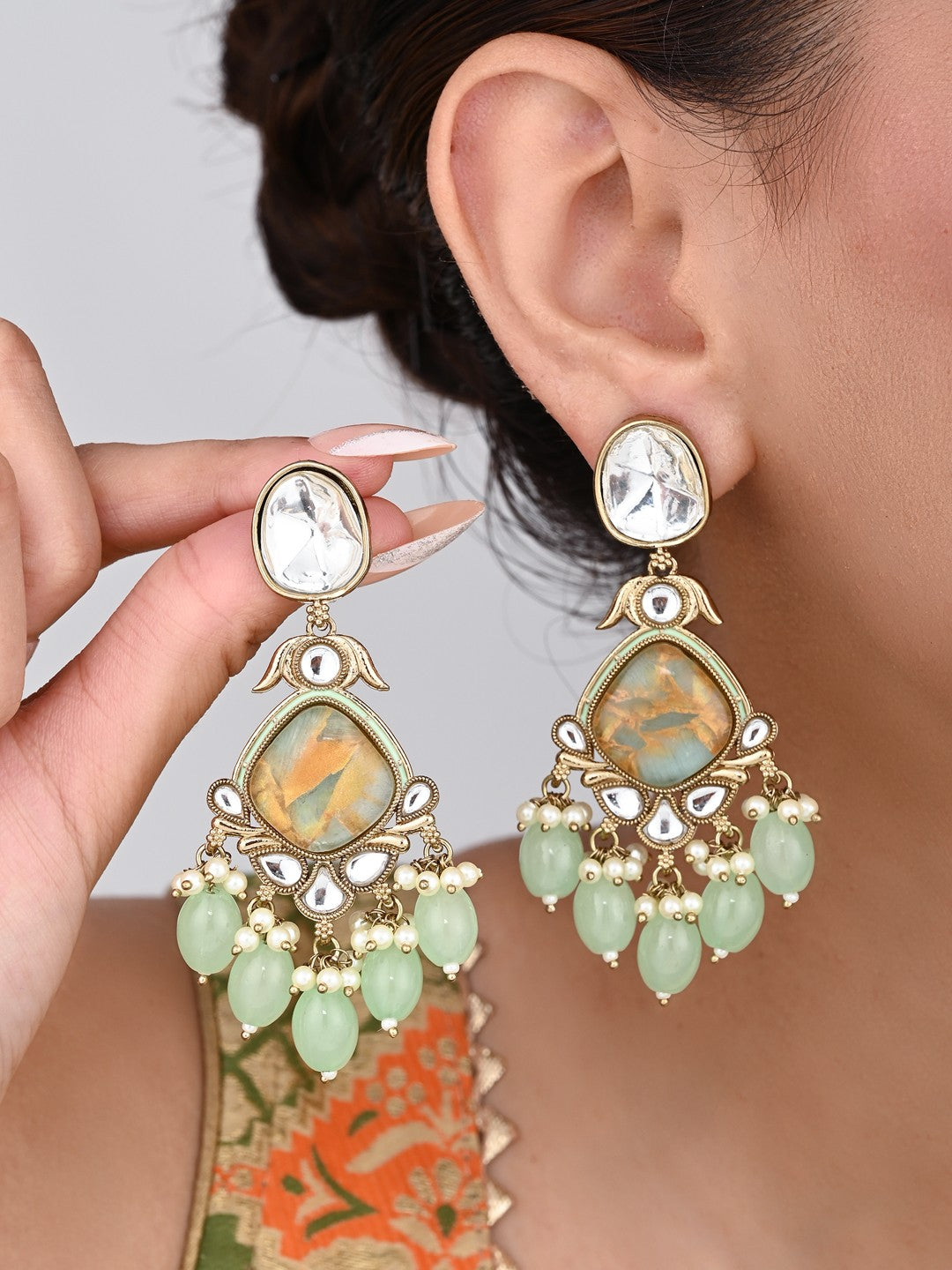 Gold plated two tone Pear shaped stone drop earring - Sage Green