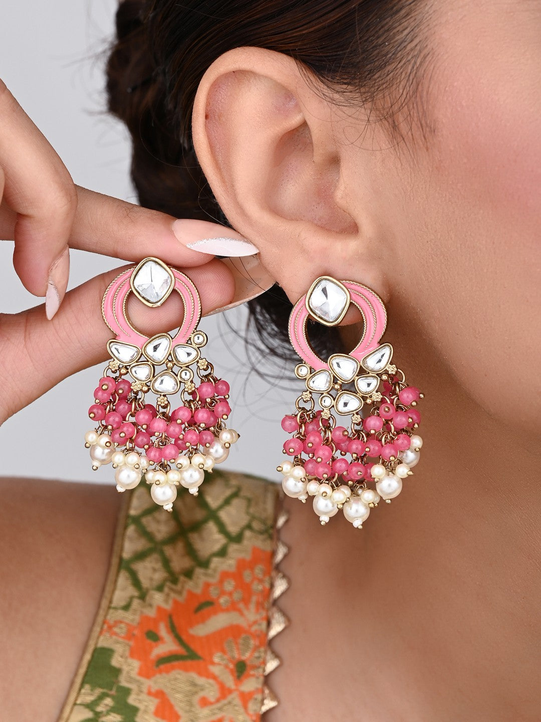 Gold-Plated Meenakari Stud Earrings with Kundan & Pearl Cluster drops - Pink