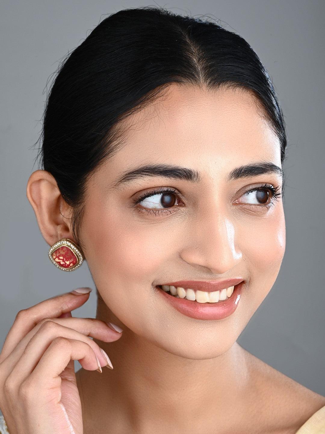Heritage-Inspired Stone Stud Earrings - Red