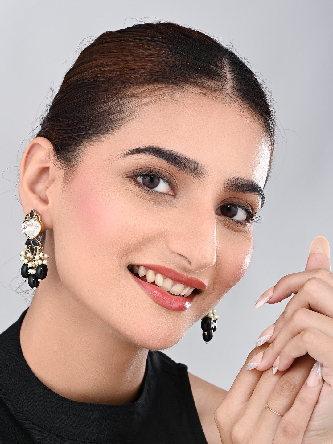Gold plated Kundan & Pearl drop Earrings- Black