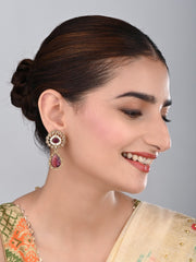 Gold plated Flower Stud with tear drop earring - Wine