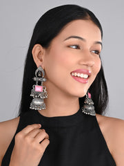 Silver oxydised lightweight long Jhumka with Pink Stone