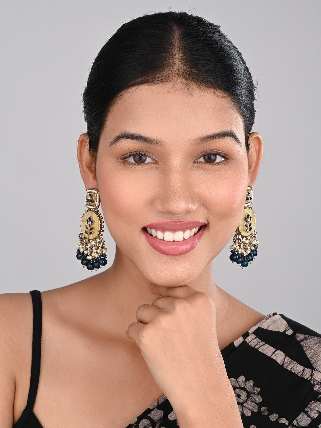 Contemporary kundan, MOP & Meenakari Drop Earring Blue