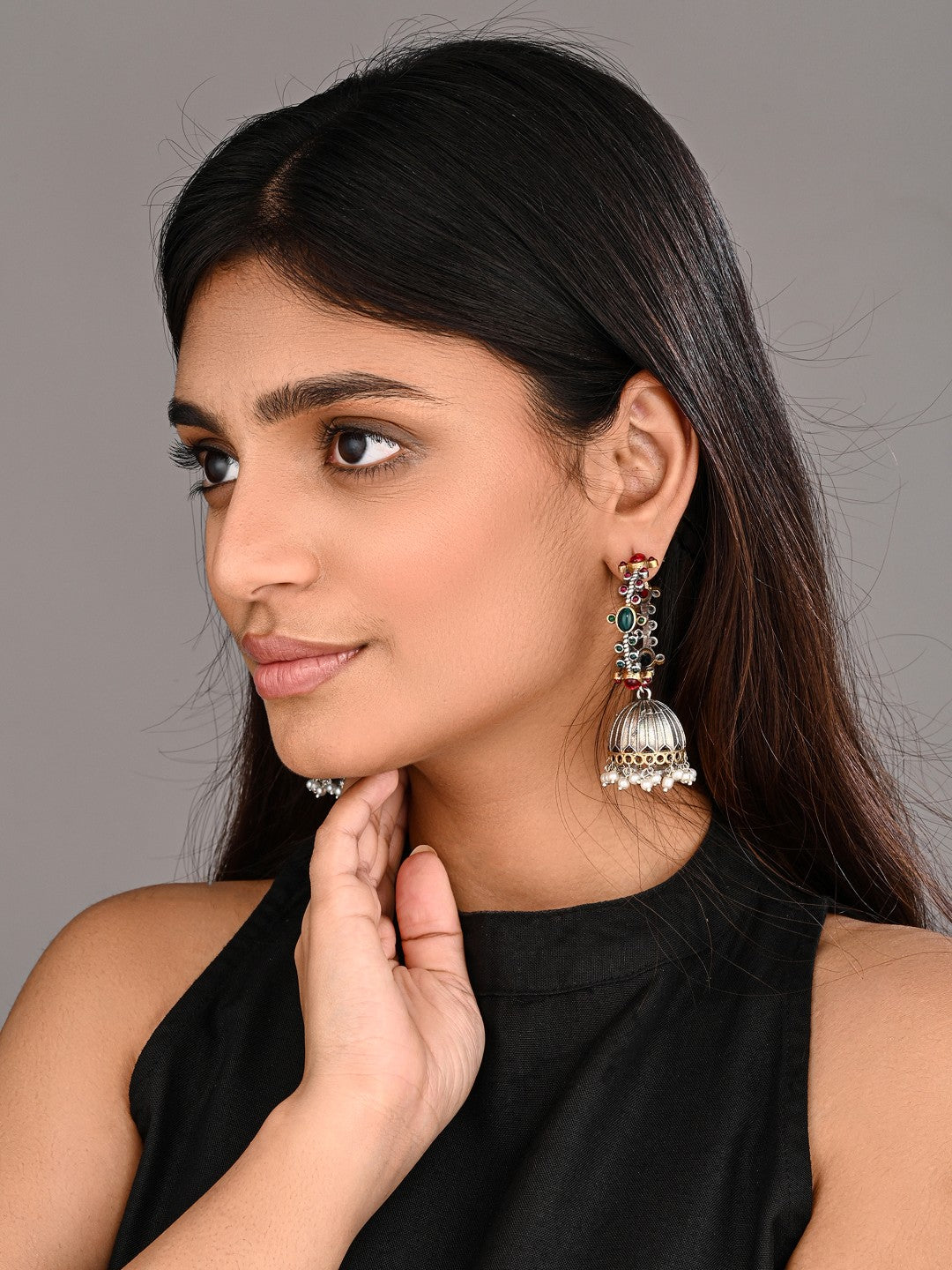 Silver-Tone Brass Stone-Studded Jhumka Earrings