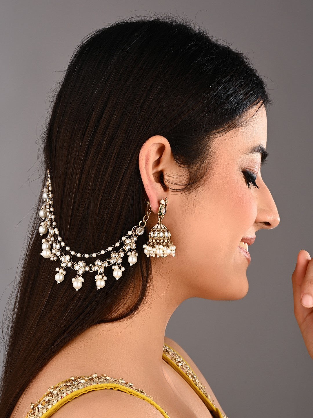 Kundan & Beads double layered ear chains with pearl cluster