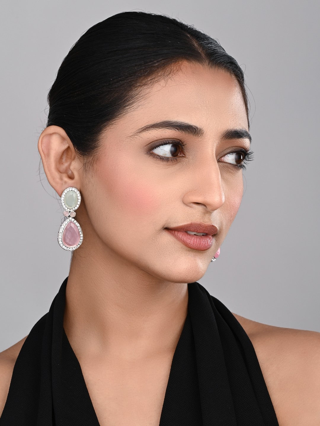 AD stone Tear drop earrings Sage green & Pink