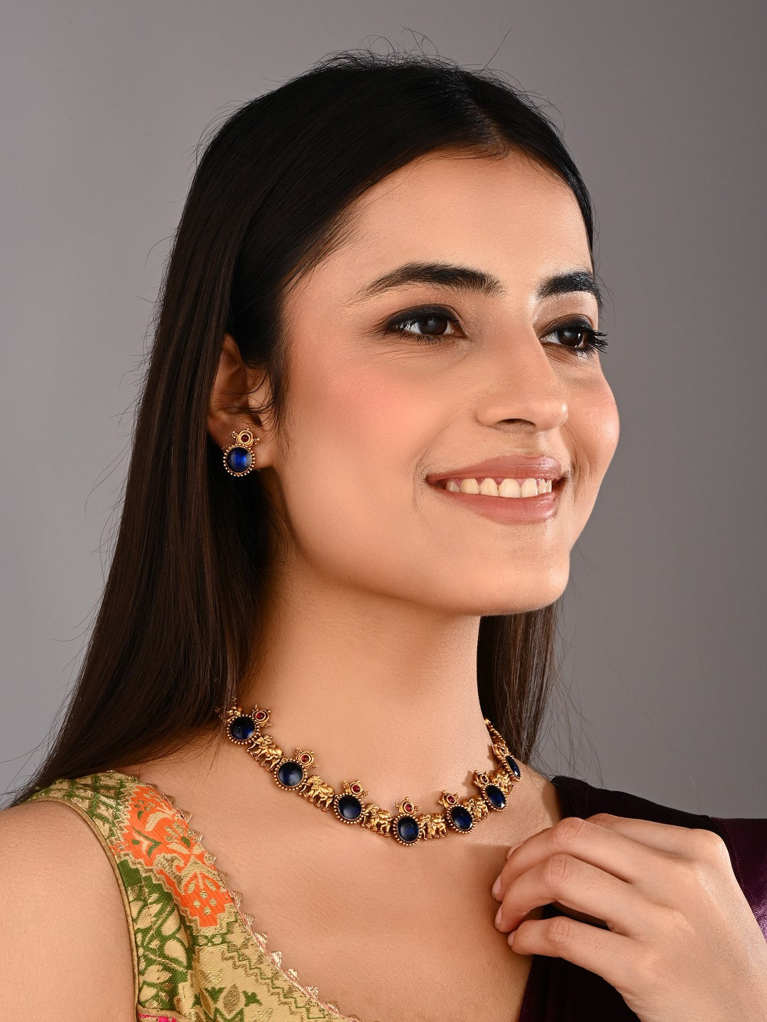 Gold plated Meenakari & Elephant Motif Necklace set - Blue