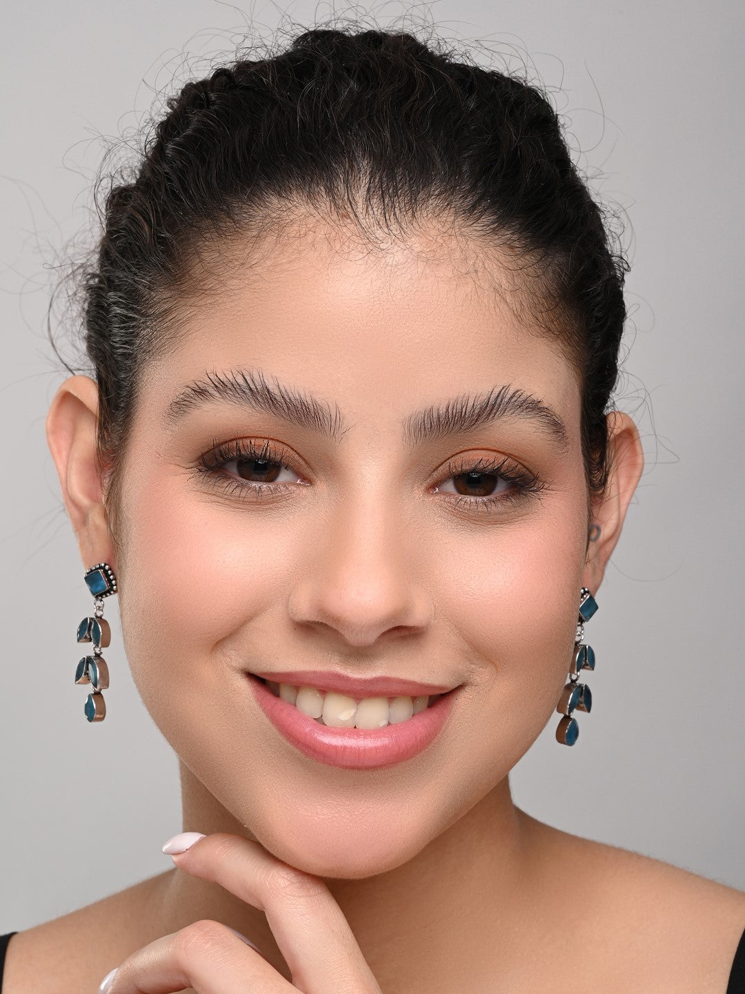 Silver Oxidized Leaf Drop Earrings Blue
