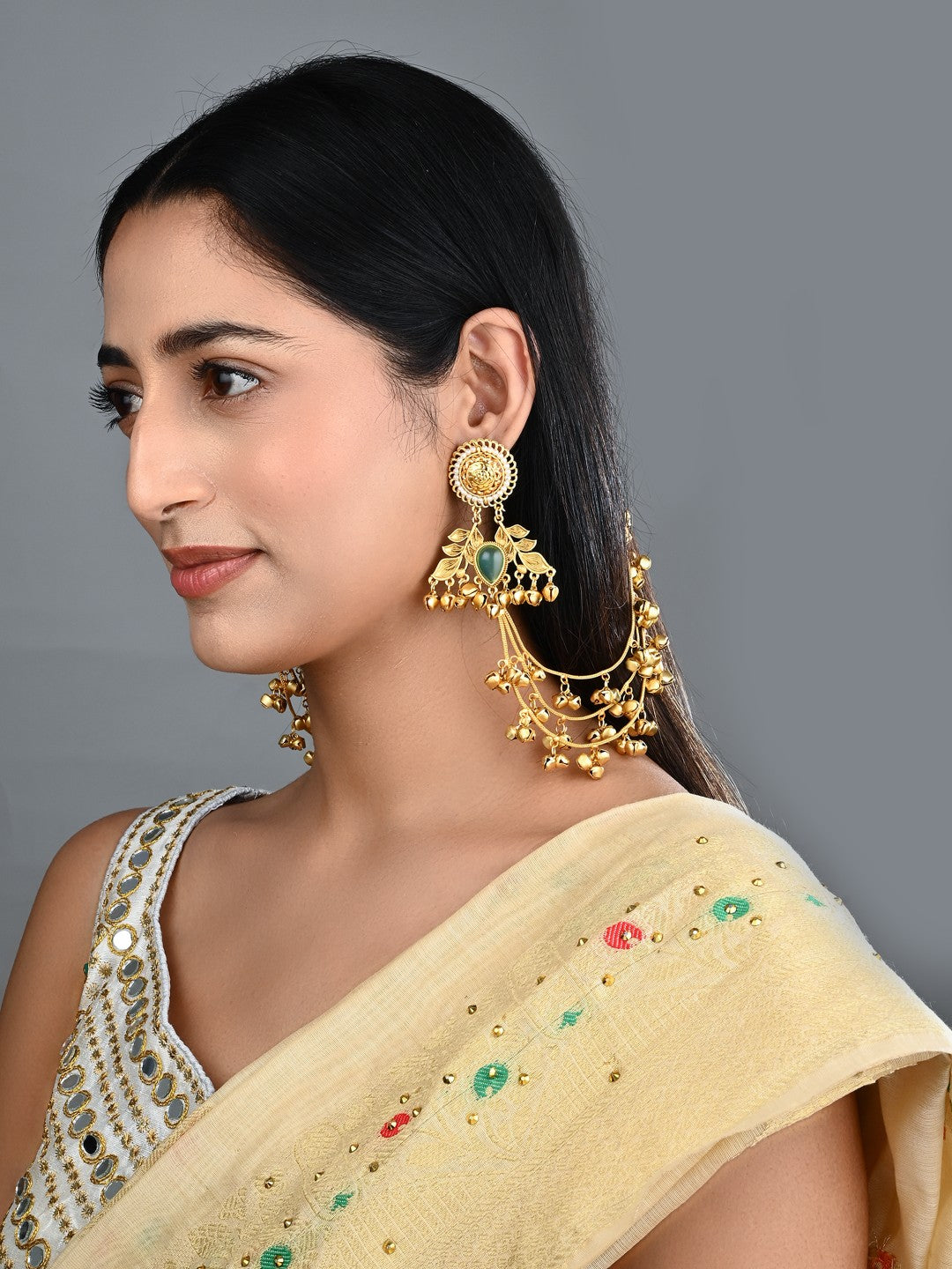 Gold plated Studs Earring with Ear chains Green