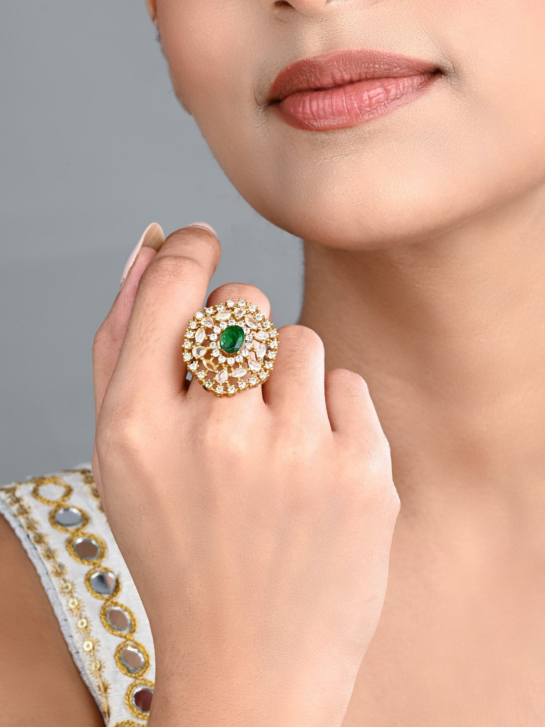 Emerald Green Stone & Crystal Floral Ring