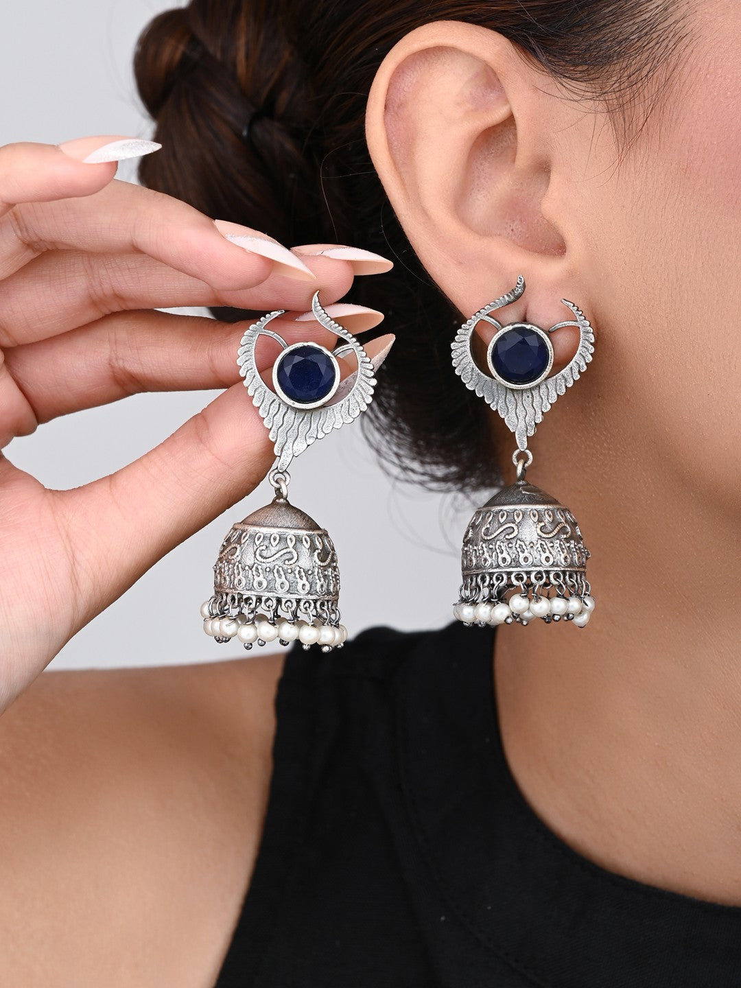 Blue Stone Oxidized Jhumka Earrings
