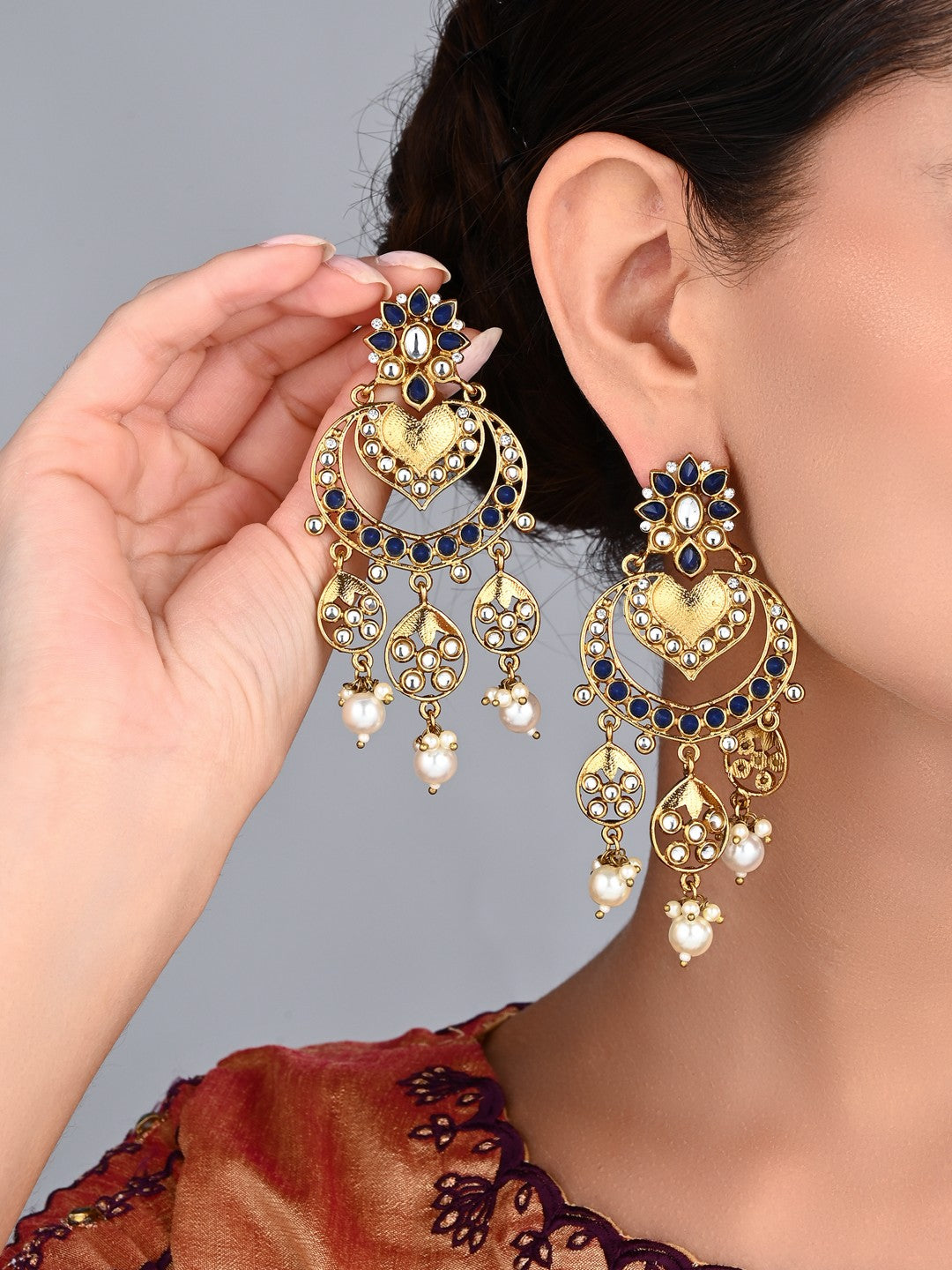 Anaiah Blue Kundan Chandbali Earrings with Pearl Drops