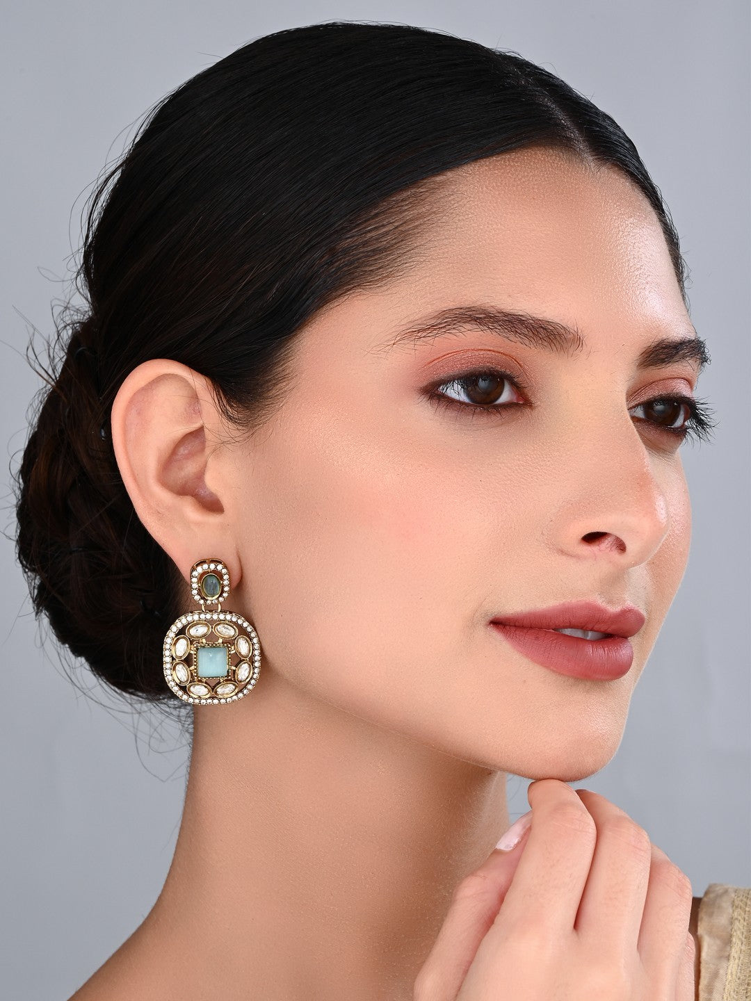 Kundan & Stone Embellished Statement Earrings Sage Green