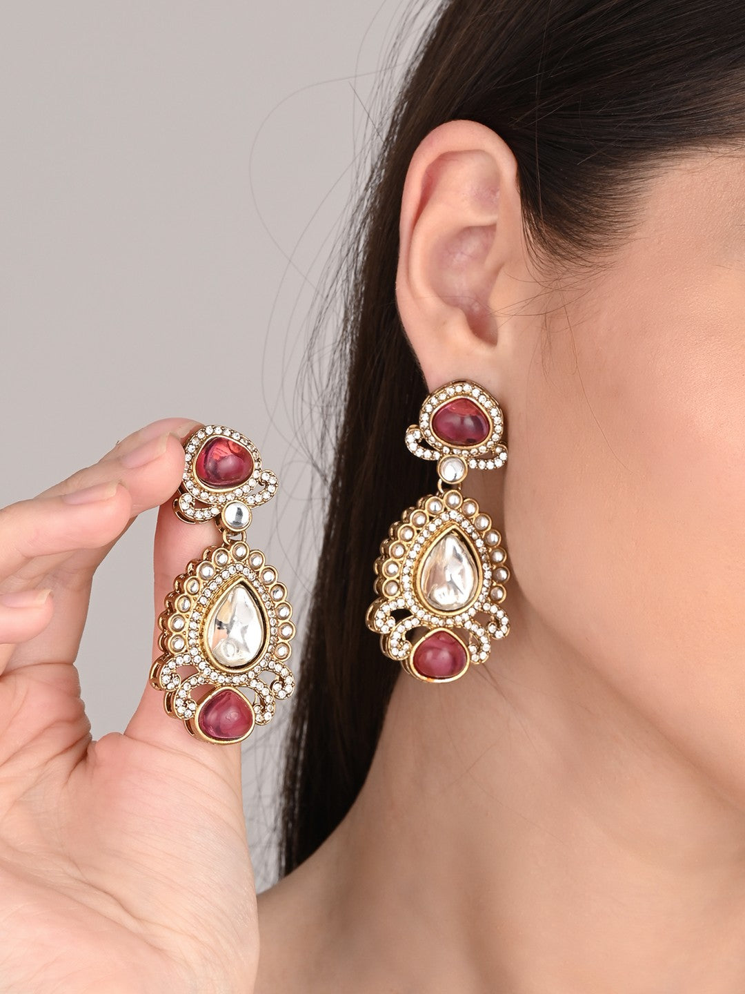 Gold plated kundan Pear shaped Drop Earrings Pink