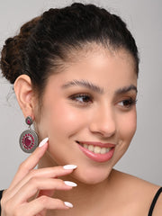 Elegant Oval Drop Earrings – Silver Oxidised Finish red