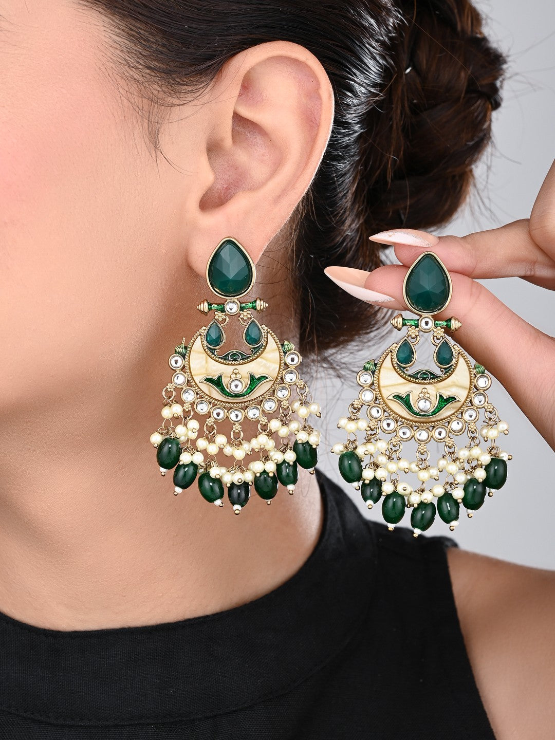 Gold-Plated Meenakari Chandbali Earrings with Kundan & Pearl Drops - Green