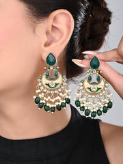 Gold-Plated Meenakari Stud Earrings with Kundan & Pearl Cluster drops - green