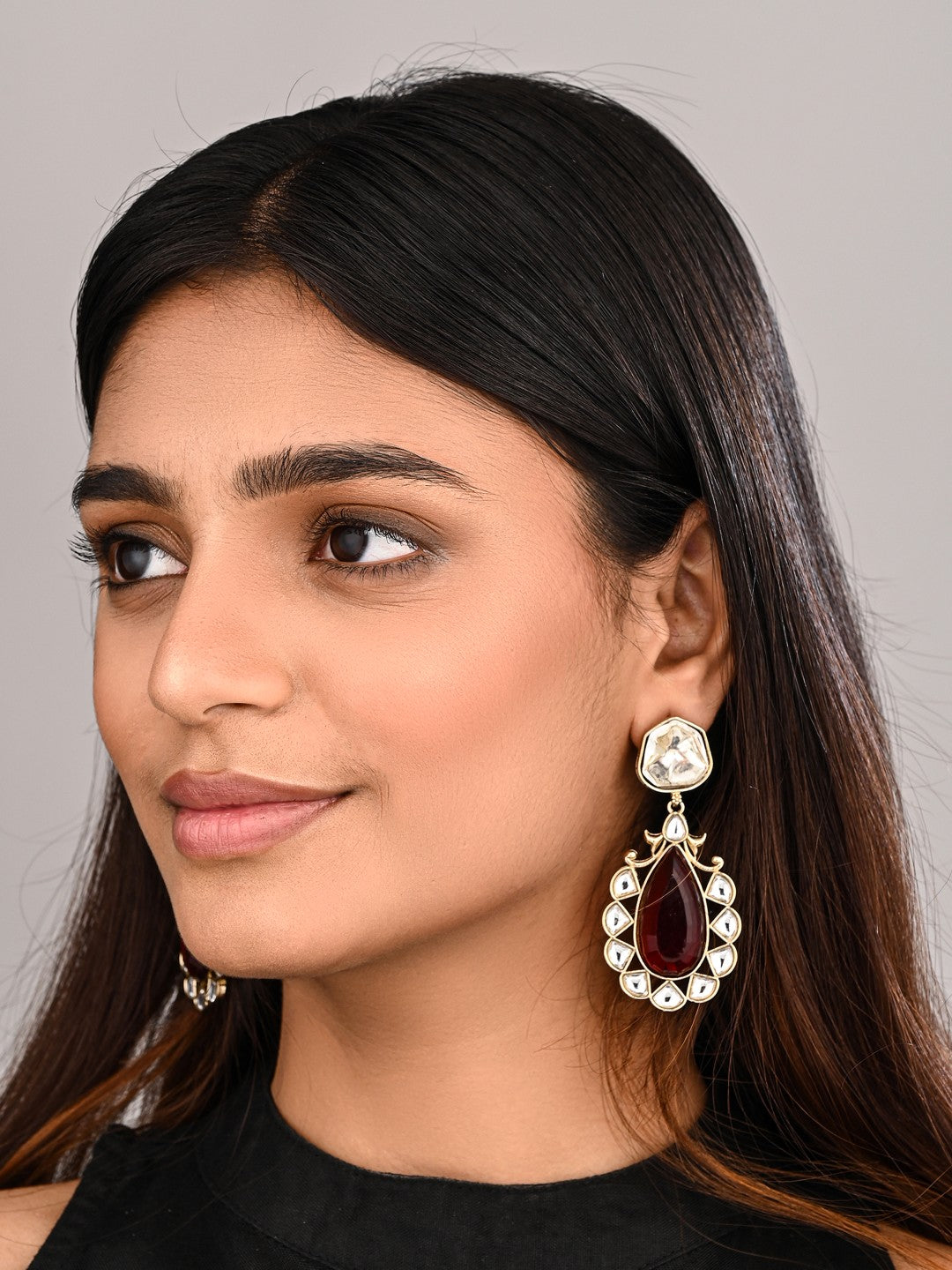 Gold-Plated Red Kundan Teardrop Earrings for Women