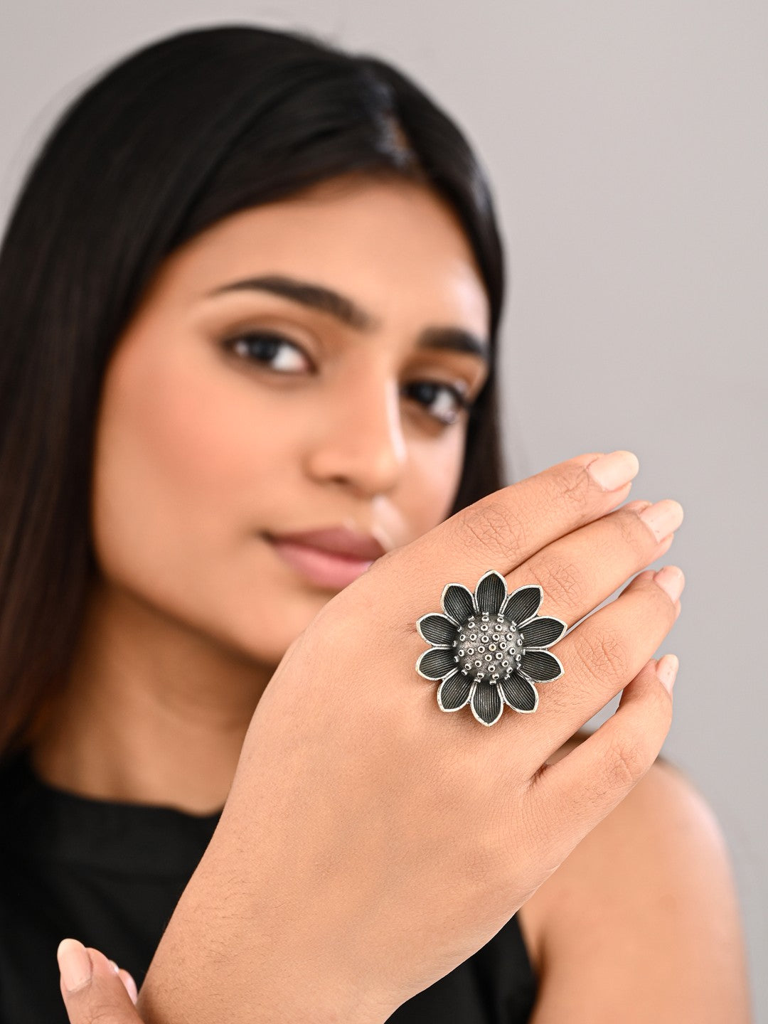 Lotus Oxidized Brass Ring
