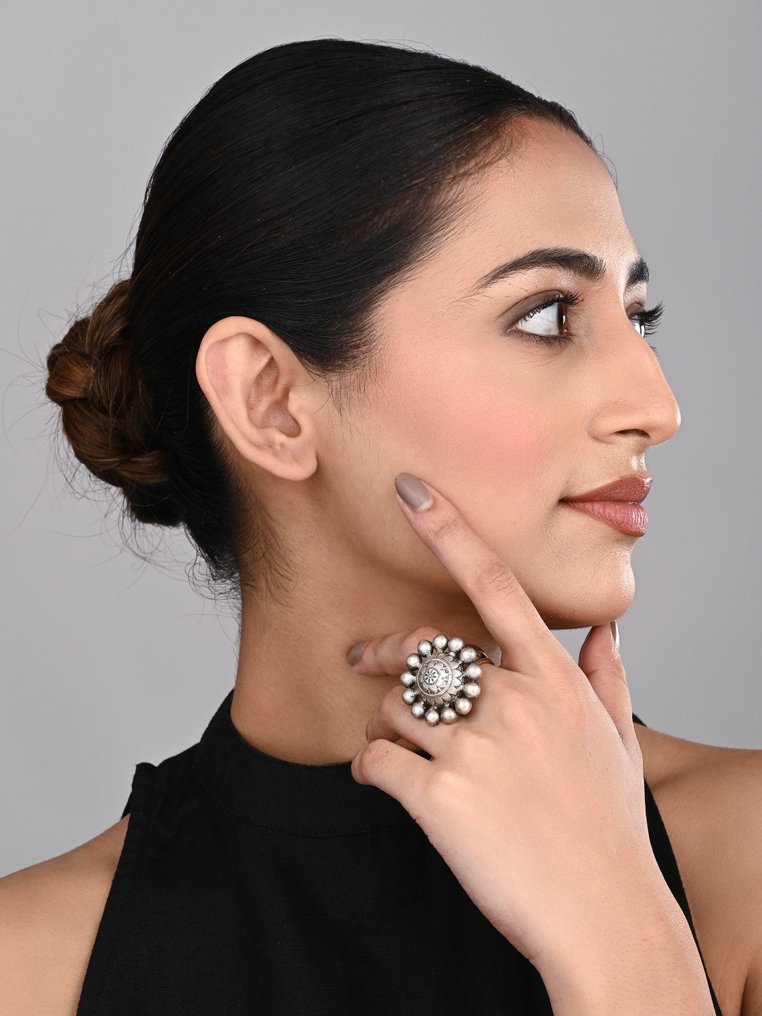 Handcrafted Oxidised Silver Floral Statement Ring