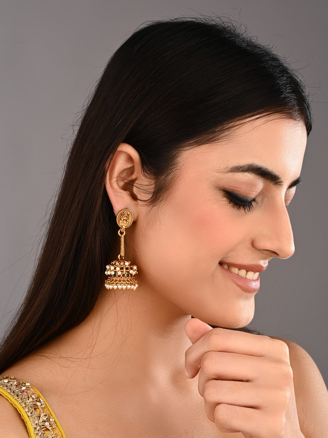 Lakshmi Motif Pearl Jhumka Earrings