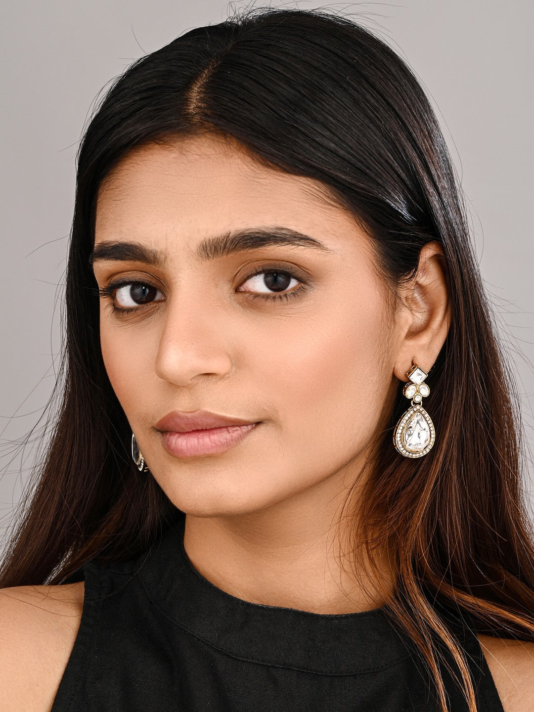 Gold-Toned Teardrop Kundan Crystal Drop Earrings for Women