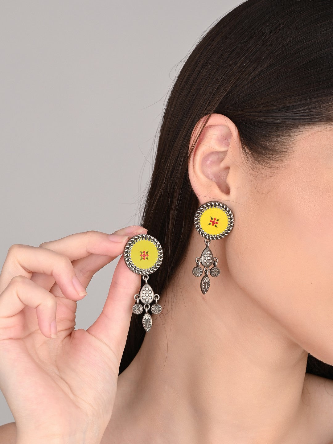 Hand-Painted Circular drop earrings Yellow