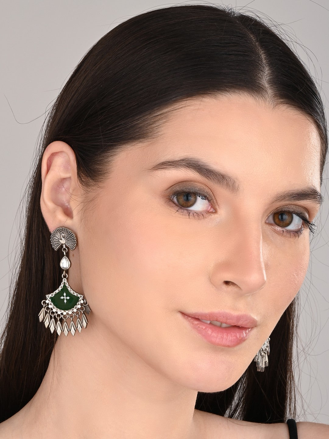 Silver Oxidised finish Green hand painted drop earring