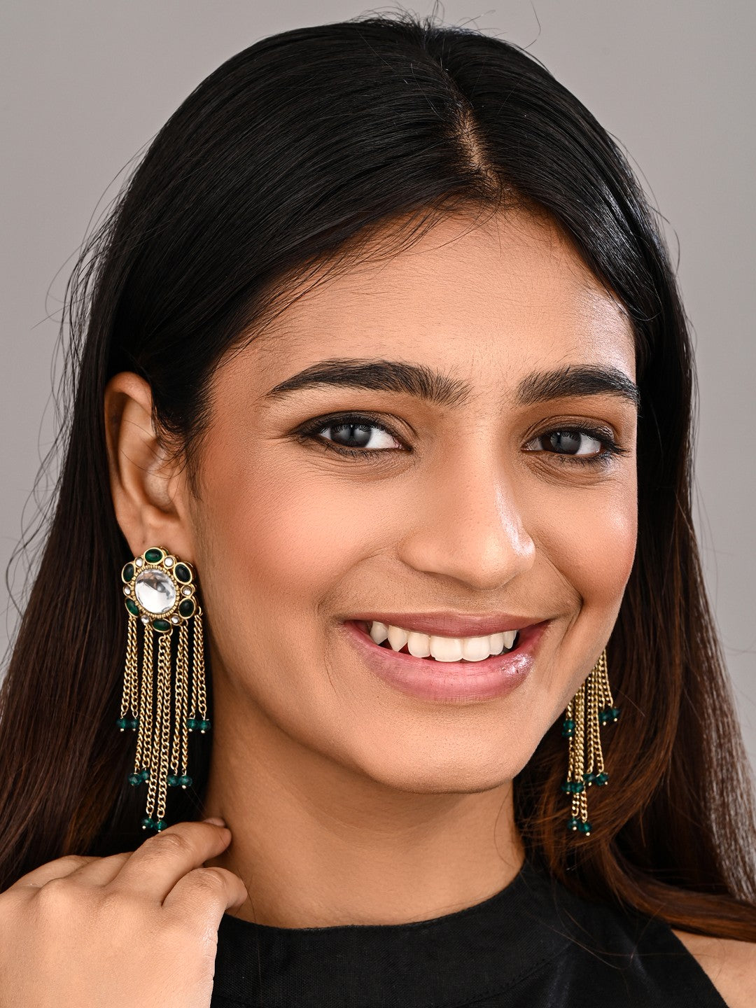 Kundan Tassel Drop Earrings - Green