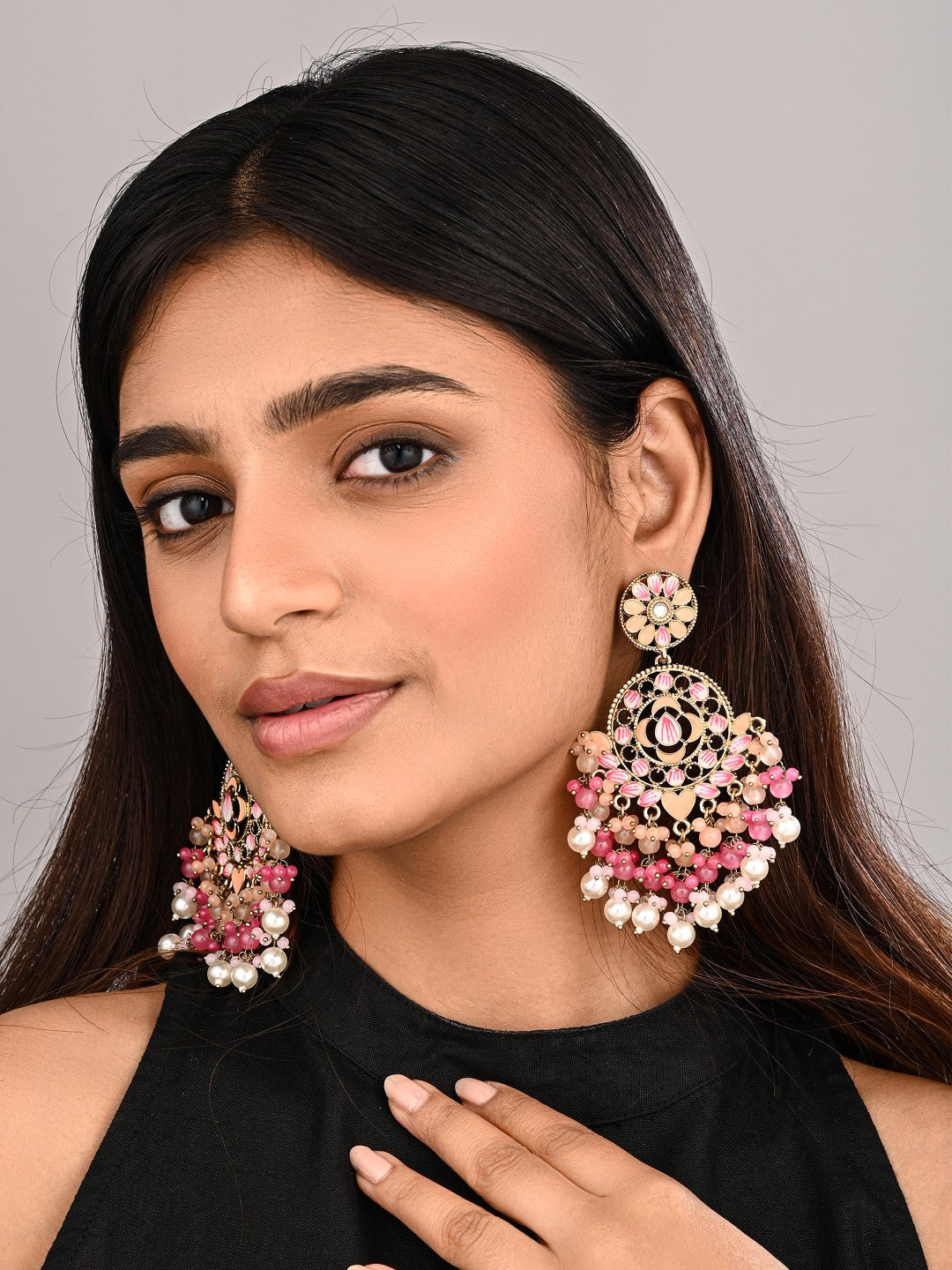 Vibrant Peach & Pink Chandelier Pearl Drop Earring