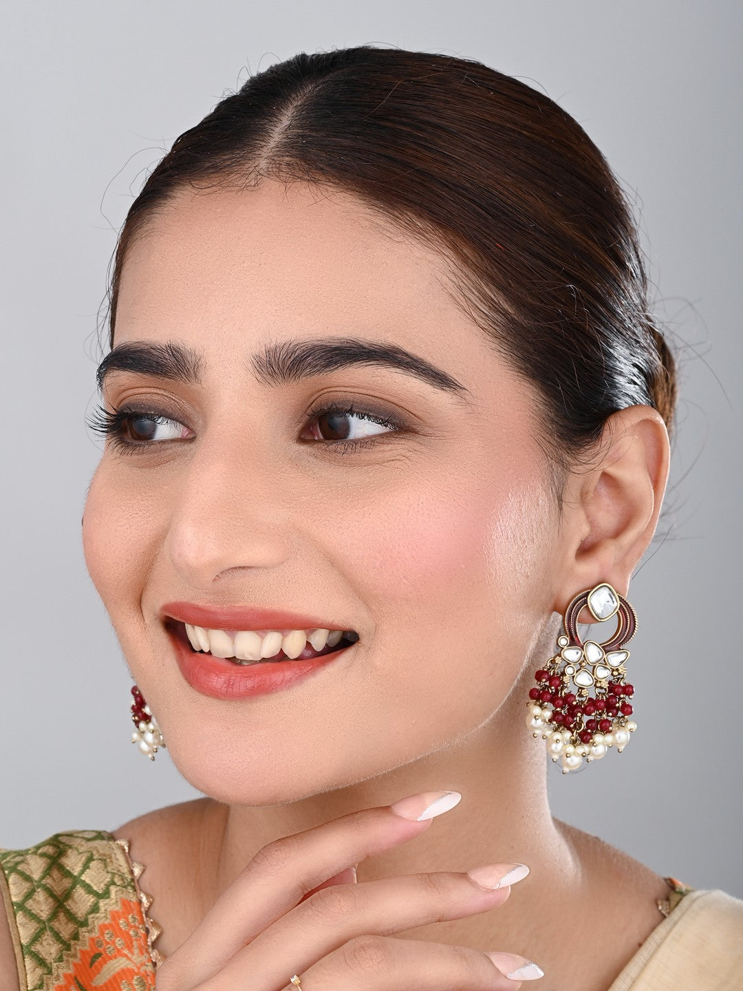 Gold-Plated Meenakari Stud Earrings with Kundan & Pearl Cluster drops - Red