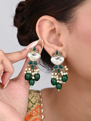 Gold plated Kundan & Pearl drop Earrings- Green