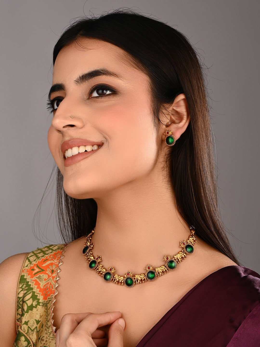 Gold plated Meenakari & Elephant Motif Necklace set - Green