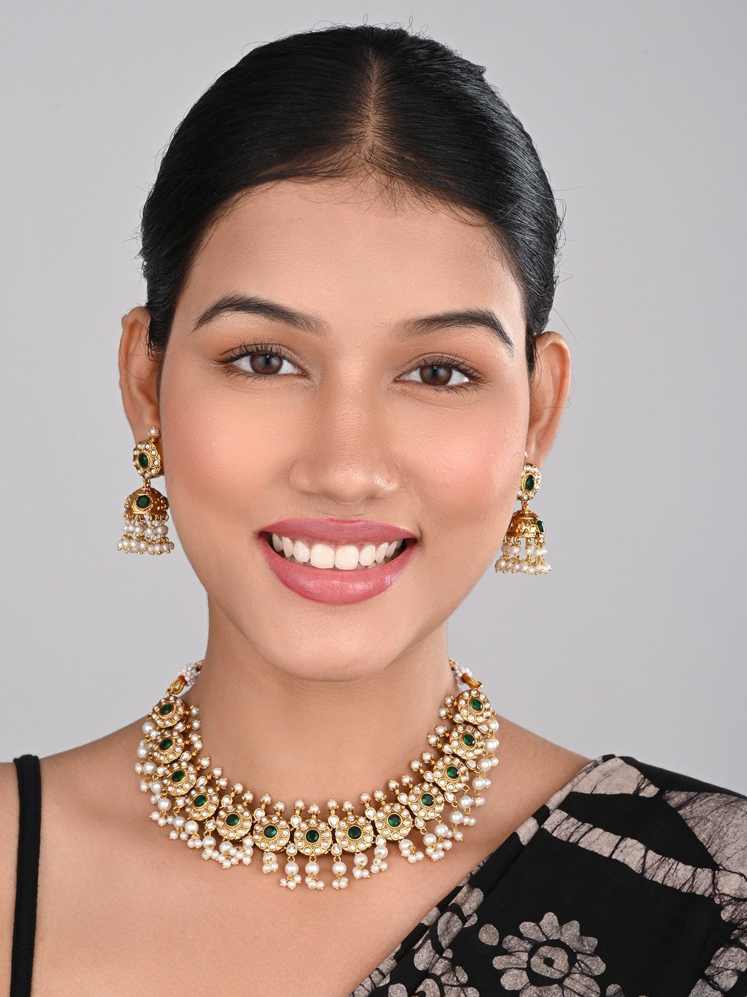 Gold-Plated Kemp Stone Necklace Set with Jhumka Earrings Green