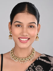 Gold-Plated Kemp Stone Necklace Set with Jhumka Earrings Green