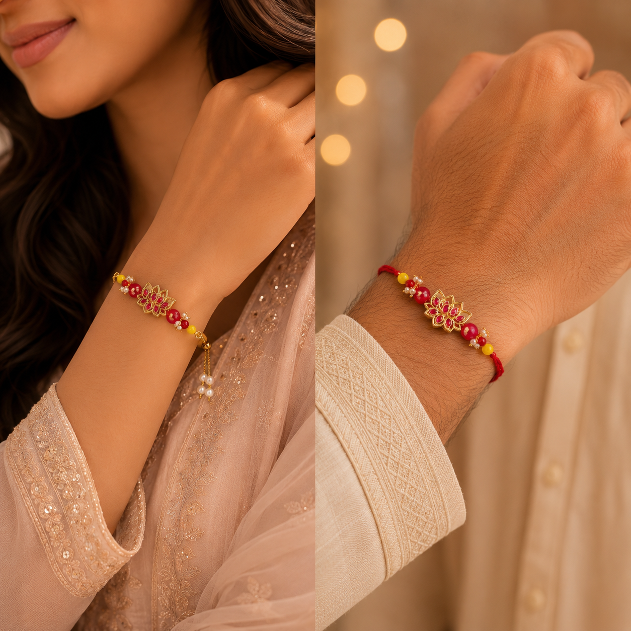 Lotus Designer Rakhi & Bracelet Gift Set – Pink Stone Floral Rakhi Combo