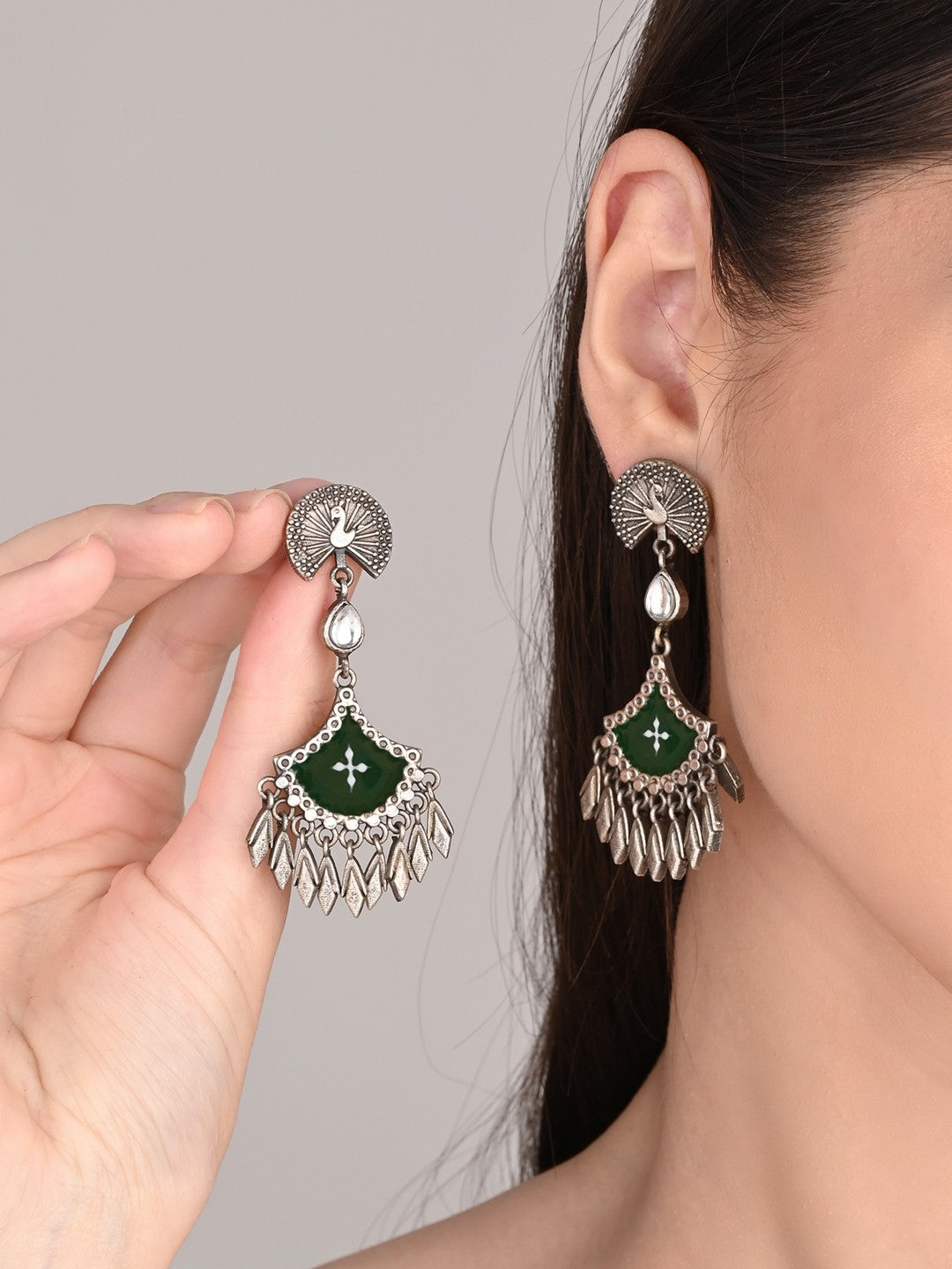 Silver Oxidised finish Green hand painted drop earring