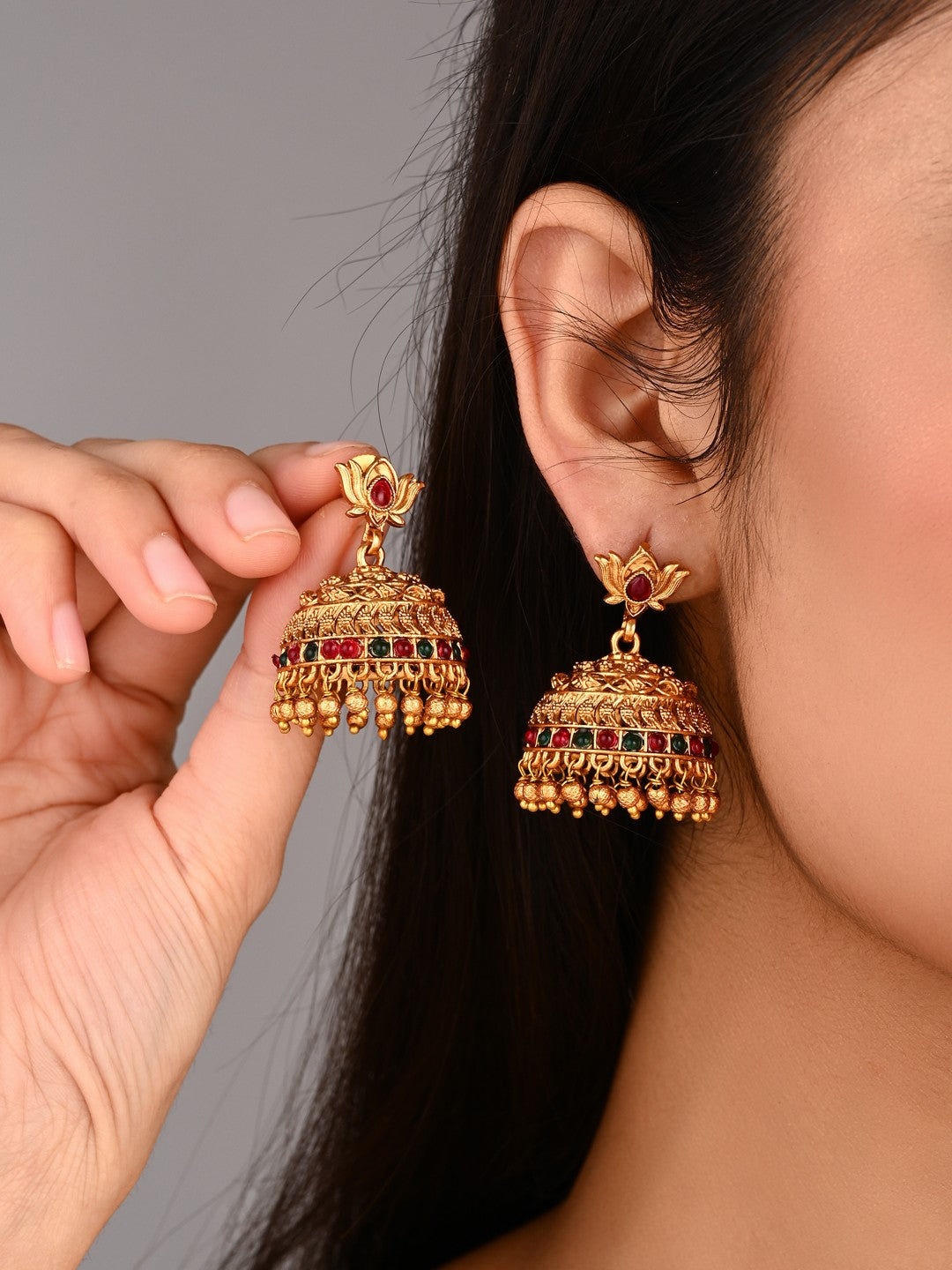 Ruby & Emerald Filigree Jhumka Earrings