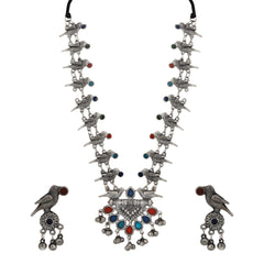Silver Oxidised Finish Meenakari Jewellery Set