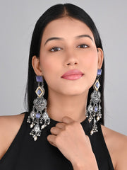 Silver oxydised lightweight long Drop Earring with Blue Stone