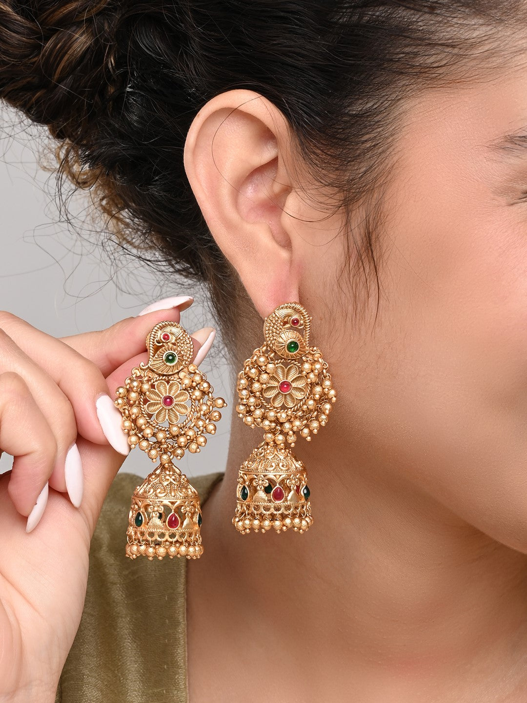 Gold plated temple bird & jhumka earring