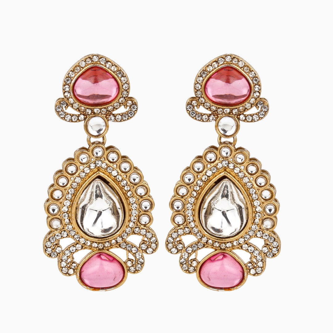 Gold plated kundan Pear shaped Drop Earrings Pink