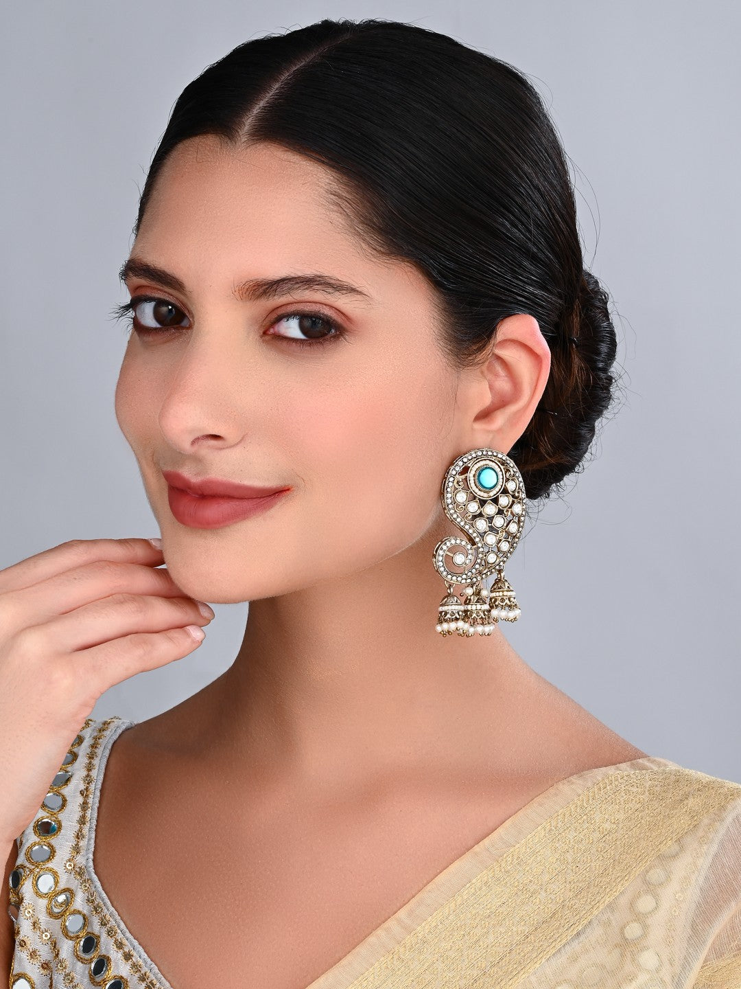 Gold-Toned Paisley Stud Earrings with Stones and Pearl jhumka Drops